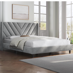 lot 18812 image: Yaheetech Full Bed Frame Upholstered Platform BedWooden Slat SupportTufted Headboard with Wing SideMattress FoundationNo Box Spring Needed,Light Gray Full - Retail $109