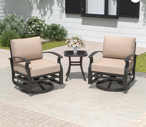 lot 18813 image: ALAULM 3 Piece Patio Outdoor Aluminum Metal Swivel Rocking Chair with 1 Coffee Table and 2 Khaki Padded Cushions Outdoor Metal Swivel Rocking Chair Furniture Conversation Set for Porch Garden - Retail $399