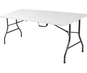 lot 18815 image: 6ft Fold-in-Half Blow Molded Folding Table, IndoorOutdoor, Comfort Handle, Lightweight Plastic Construction - White - Retail $69