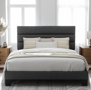 lot 18816 image: Allewie Full Size Platform Bed Frame with Fabric Upholstered Headboard and Wooden Slats Support, Fully Upholstered Mattress FoundationNo Box Spring NeededEasy Assembly, Dark Grey - Retail $171