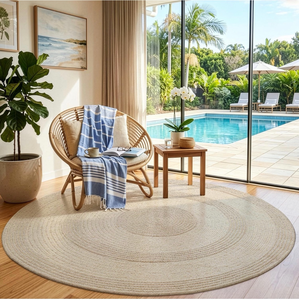 lot 18854 image: LUMI Jute Area Rug 5ft Round for Living Room, Natural Braided Woven Rugs Non Slip, Neutral Farmhouse Carpets No Shedding, Durable for High Traffic, Dining Room, Indoor, Outdoor, Patio - Retail $169