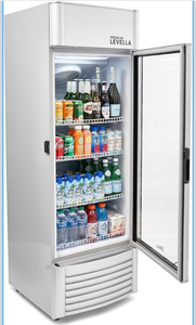 lot 18874 image: PremiumLevella PRF90DX Glass Door Display Refrigerator 9.0 cu ft Commercial Beverage Cooler Merchandiser With Customizable Lightbox - Silver Dent on top in back, cant see from front. Does not affect operation Powers On and Cools Great - Retail $849