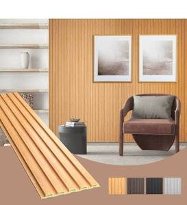 lot 18760 image: WPC Acoustic Slat Wall Paneling, 8-Pack 96 x 6 Inches 3D Wall Panels for Interior Wall Decor,Living Room,TV Background,Study Room,Office Spaces,Bedroom,Low Grille (Oak) - Retail $149