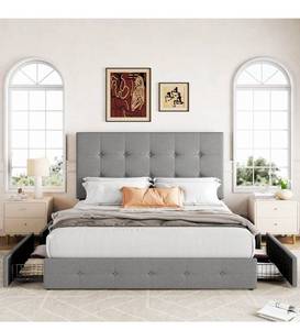 lot 18761 image: Allewie Upholstered Full Size Platform Bed Frame with 4 Storage Drawers and Headboard, Square Stitched Button Tufted, Mattress Foundation with Wooden Slats Support, No Box Spring Needed, Light Grey - Retail $195