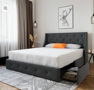 lot 18762 image: Queen Platform Upholstered Bed Frame with 4 Storage Drawers and Wingback Headboard, Diamond Stitched Button Tufted Design, No Box Spring Needed, Dark Grey - Retail $243