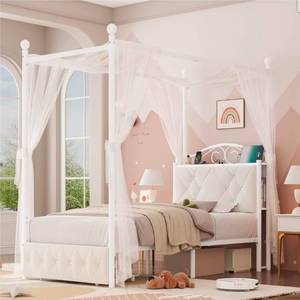 lot 18763 image: Twin Upholstered Canopy Bed Frame with Drawer & Crystal Tufted Storage Headboard Metal Platform Bed with Charging Station & 4 Removable Posts No Box Spring Needed Curtain Not Included, Beige - Retail $233