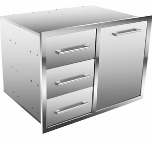 lot 18779 image: Outdoor Kitchen Drawer Combo, BBQ Access Trash Drawer Combo with Triple Stainless Steel Drawers(Left), Outdoor Kitchen for BBQ Island, Grilling Station, Outside Cabinet (28 W x 19.6D x 20.1 H) - Retail $399