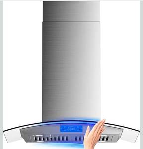 lot 18794 image: FIREGAS Island Range Hood 30 inch 700 CFM with Chimney, Ceiling Mount Kitchen Vent Hood with Tempered Glass, 4 LED Lights, Permanent Filters, Premium Touch Control Panel, Includes Charcoal Filter - Retail $369