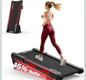 lot 18795 image: Jogwell Walking Pad with 15% Auto Incline, Full-Deck Under Desk Treadmill for Home Office, Quiet 3.0HP Brushless, Vertical Storage, Portable 4-Wheel Mobility, Gradual Soft-Stop - Retail $388