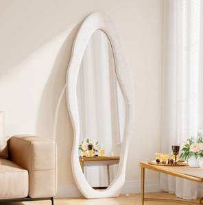 lot 18797 image: 63 x 24 Full Length Mirror Irregular Wavy Floor Mirror, Standing Wall Mirrors Large Hanging Mirror for Bedroom, Living Room, Flannel Wooden Frame, White - Retail $119