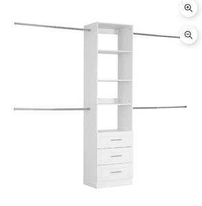 lot 18798 image: Adjustable Wooden Closet System with 3 Drawers, Freestanding Wardrobe Organizer Featuring 4 Retractable Clothes Rods and Modern Design, White - Retail $196