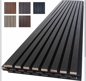lot 18800 image: NeatiEase Wood Slat Wall Panels, 4-Piece 96 x 12.6, Soundproof & Noise Cancelling, Acoustic Wall Panels (Black) - Retail $179
