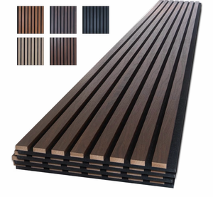 lot 18804 image: NeatiEase Wood Panels for Wall, 4-Piece 96 x 12.6 Soundproof Wood Slat Wall Panel for Interior Wall Decor Noise Cancelling, Wood Acoustic Wall Panels, Sound Absorbing Panel (Rustic Walnut) - Retail $179