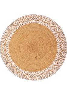 lot 18836 image: Premium Natural Jute Braided Area Rug, 6-feet Round, White Printed Border, Stain Resistance, Natural Handmade Rug for Entryways, Living Room, Dining Room, Bedroom, Farmhouse, Kitchen - Retail $135