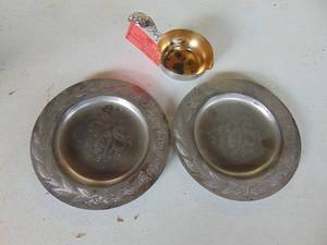 lot 4338 image: Pair of Metal tithe Plates and Baptism Cup