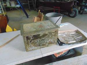 lot 4384 image: Metal Wrapped Wooden Box - Large Selection of Clear Glass