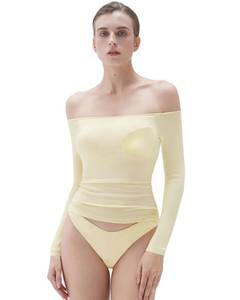 lot 6 image: SUUKSESS Women Padded Off the Shoulder Tops Ribbed Long Sleeve Shirts Fall Basic Going Out Tops (Butter Yellow,S) - Retail $30
