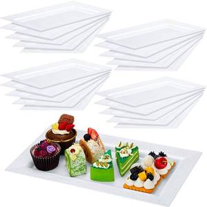 lot 251 image: Maxcheck 24 Pcs Plastic Serving Tray Platter Set 14 x 7.5 Inches Lace Rim Serving Trays for Food Dessert Fruit Cupcake Weddings Table Parties Display (White) - Retail $33