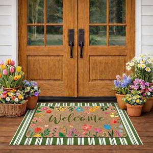 lot 263 image: Tinideya 2 Pcs Summer Floral Door Mat Outdoor Wildflower Welcome Doormat for Front Door Linen Rubber Layered Flower Stripes Doormat Non Slip Summer Rugs for Porch Entryway Outside Floor Decor - Retail $39