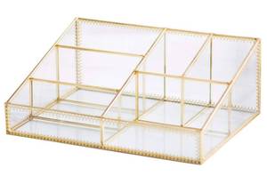 lot 271 image: Levilan Makeup Organizer Antique Countertop Cosmetic Storage Box Glass Beauty Display, Gold Spin Large Capacity Holder for Brushes Lipsticks Skincare Toner - Retail $36