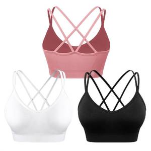 lot 274 image: WANAYOU Womens Sports Bras, Crossback Strappy Medium Impact Sport Bra with Padding Wirefree Seamless Spaghetti Strap Workout Bra for Athletic Exercise Fitness 3 Pack Black White Pink X-Large - Retail $30