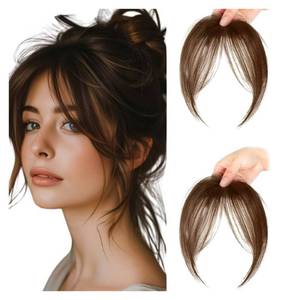 lot 303 image: pretelytiti Bangs Hair Clip in Bangs Fringe with Temples Hairpieces for Women Hair Bangs Extension for Daily Wear (Light brown#) - Retail $10