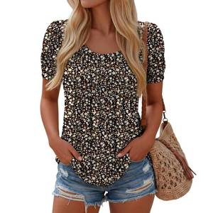 lot 306 image: Ficerd Womens Puff Short Sleeve Boho Tunic Tops Pleated Crew Neck Summer Blouses Dressy Casual Loose T Shirts(X-Large,Floral Black) - Retail $28