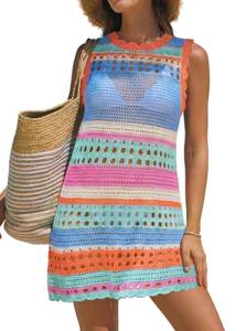 lot 315 image: popvil Women��s Swimsuit Crochet Cover Up Sleeveless Color Block Knit Bathing Suit Swimwear with Tie Back 2026,Blue Stripe,Small - Retail $39