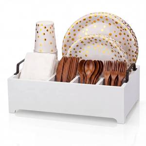 lot 321 image: LemonRoad Wood Paper Plate Dispenser Rustic Silverware Utensil Caddy Cutlery Flatware Organizer with Handles 6 Compartments for Countertop Party Picnic Camping Buffet Kitchen Accessories(White) - Retail $32