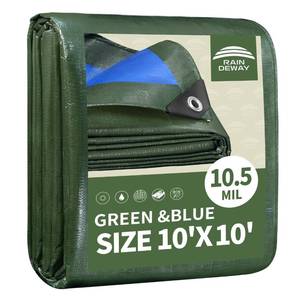 lot 325 image: BLUE RAINDEWAY 10x10 Feet Tarps Heavy Duty Waterproof,10.5 Mil Outdoors Tarps,Multipurpose Poly Tarp Cover with Metal Grommets and Reinforced Edges for Roof,Camping,Patio,Carport,Boat,GreenBlue - Retail $19