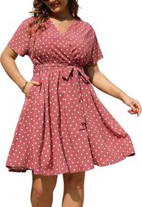 lot 344 image: Nemidor Women Plus Size Summer Dress Floral Print Swing Boho V Neck Short Sleeve Casual Dresses with Pocket US 14(295,14,Pink Dot) - Retail $33