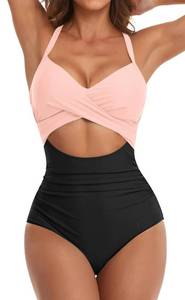 lot 353 image: Eomenie Womens One Piece Swimsuits Tummy Control Cutout High Waisted Bathing Suit Wrap Tie Back 1 Piece Swimsuit Black Pink M - Retail $37
