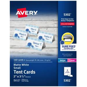 lot 386 image: Avery Printable Tent Cards with Sure Feed Technology, 2 x 3.5, White, 160 Blank Place Cards for Laser or Inkjet Printers (5302) - Retail $20