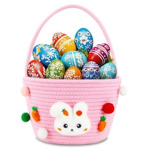 lot 387 image: CCILAND Easter Basket for Kids, Empty Easter Egg Hunting Basket with Handle, Pink Bunny Rope Bucket Rabbit Easter Gifts Bag for Girls, Toddler - Retail $10