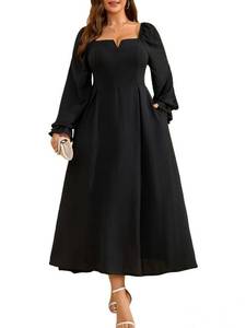 lot 392 image: RWJ Plus Size Dresses for Wedding Guest, Womens Black Dress Formal V Neck Long Sleeve Maxi Dress Empire Waist Smocked Party Cocktail Dresses with Pocket 3X-Large - Retail $43