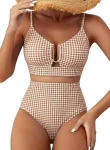 lot 394 image: Herseas Womens 2 Piece High Waisted U Wire Cutout Bikini Sets Floral Print Swimsuits Padded Push Up Bathing Suit Modest 2026 Summer Beach Cruise Essentials Brown Checkerboard X-Large - Retail $37