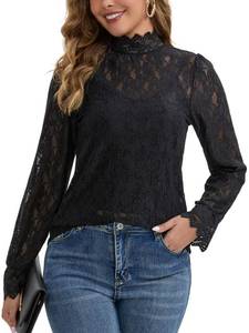 lot 395 image: MISMI Womens Floral Lace Top Long Sleeve Mock Neck Top Dressy Casual Shirt with Camisole 2 PCS Set Black Medium - Retail $24