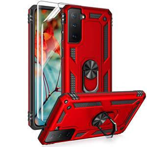 lot 409 image: Androgate for Samsung Galaxy S21 5G Case with HD Screen Protectors, Military-Grade Metal Ring Holder Kickstand 15ft Drop Tested Shockproof Cover Case for Galaxy S21 Red - Retail $9