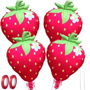 lot 413 image: AxiyanX Strawberry Balloons 18 4Pcs - Foil Balloons for Strawberry Birthday Decorations & Baby Shower Decorations, Durable foil Balloon Arch Kit, Vibrant Strawberry Themed Party - Retail $5
