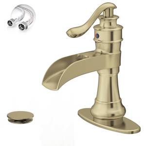 BATHLAVISH Brushed Gold Bathroom Faucet, Waterfall Bathroom Sink Faucet, 1 Hole Single Handle Farmhouse Lavatory Vanity Deck Mount Vintage with Pop Up Drain with Overflow Parts Mixer Tap - Retail: $66