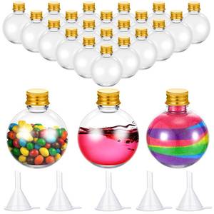lot 489 image: Layhit 24 Pcs Spherical Plastic Potion Bottles Ball Shape Round Bottles 3.4 oz Sand Art Jar with 5 Funnels Decorative ��container Candy Jar for Valentines Birthday DIY Crafts(Gold,Aluminum Lid) - Retail $23
