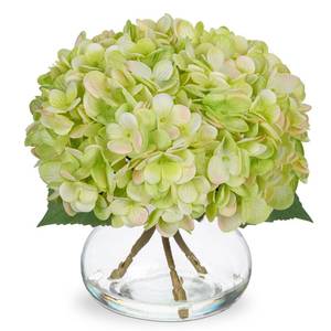 lot 501 image: Hollyone Green Hydrangea Artificial Flowers with Glass Vase Silk Faux Flowers Arrangements in Vase with Faux Water Fake Floral Bulk Bouquet for Home Decor Table Centerpiece Decorations - Retail $29