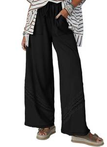 lot 524 image: SHEWIN Womens Boho Wide Leg Pants Lace Casual Drawstring Elastic Waist Embroidered Lightweight Summer Spring 2026 Beach Vacation Palazzo Pants Trousers Black Size M - Retail $24
