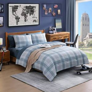 lot 53 image: AMBERSPACE Full Size Comforter Sets, Light Blue Plaid Bedding Set 7 Piece for Boys Girls Teen, Classic Homestead-Style Kids Comforter Set Bed in A Bag with Sheets, Pillowcases & Shams - Retail $70