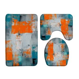 lot 54 image: ZNLSU 3 Piece Turquoise Gray Orange Bath Mat Burnt Blue Teal Orange and Gray Abstract Painting Modern Art Bathroom Rug Sets,16x24Bath Mat,Toilet Seat Cover, U-Shaped Toilet - Retail $20