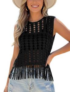 lot 57 image: Lingswallow Womens Crochet Tank Tops Boho Cropped Sleeveless Hollow Out Vest Round Neck Cover Ups Fringe Hem Top Beach Vacation Clothes for Women Spring Summer Large - Retail $31
