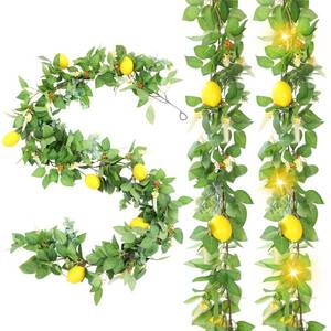 lot 63 image: FineCheer 3 Pcs 5.74 ft Artificial Lemon Garland Lemon Vine Garland with Greenery Fake Fruit Party Decoration with Battery Powered Light for Home Door Wall Mantel Wedding Kitchen Table (Elegant Style) - Retail $41