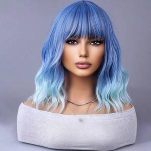 lot 65 image: WTHCOS Ombre Blue Wigs for Women Short Bob Blue Wig Short Curly Wavy Wig with Bangs Heat Resistant Synthetic Wigs for Cosplay Costume Party Daily Use - Retail $23