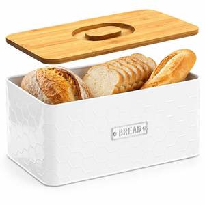 lot 66 image: vensovo Bread Box for Countertop �� Large White Metal Bread Bin with Bamboo Cutting Board Lid, Farmhouse Bread Storage Container for Homemade Bread, Baked Goods & Kitchen Counter Organization - Retail $25