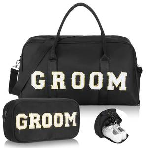 lot 78 image: Bulyoou 2 Pcs Wedding Weekender Bag Bride Groom Duffle Bag Chenille Letter Patch Travel for Bridal Shower Honeymoon Gift(Groom,Black) - Retail $26